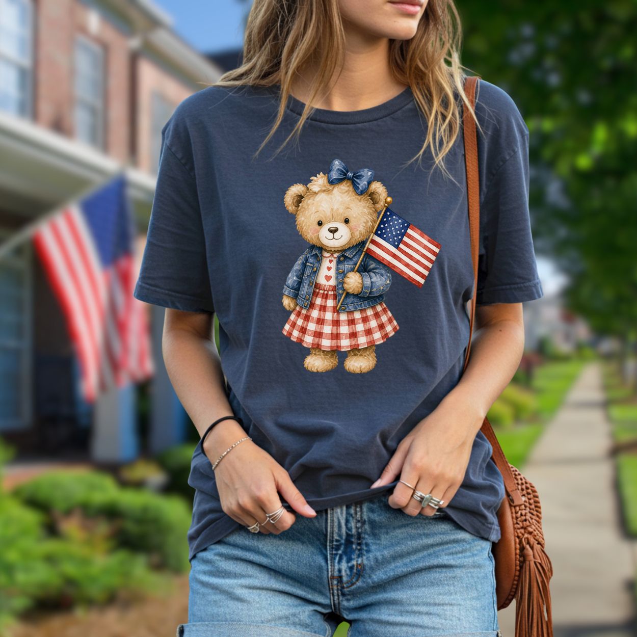 Patriotic Teddy Bear Girl with Gingham Dress T-Shirt