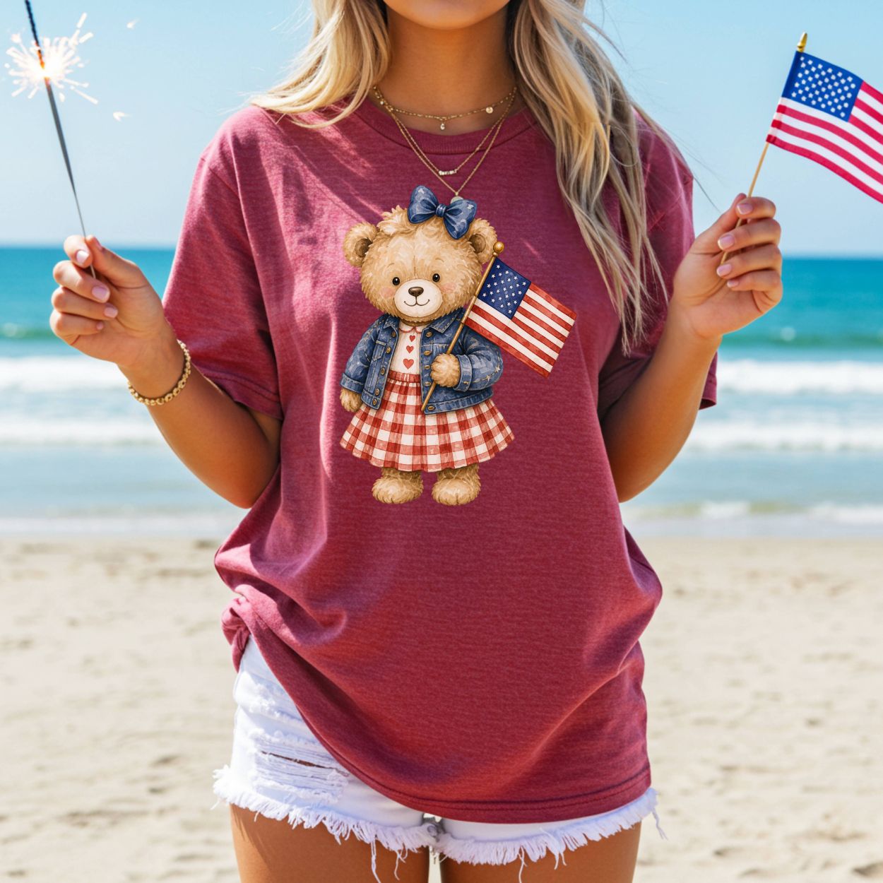 Patriotic Teddy Bear Girl with Gingham Dress T-Shirt