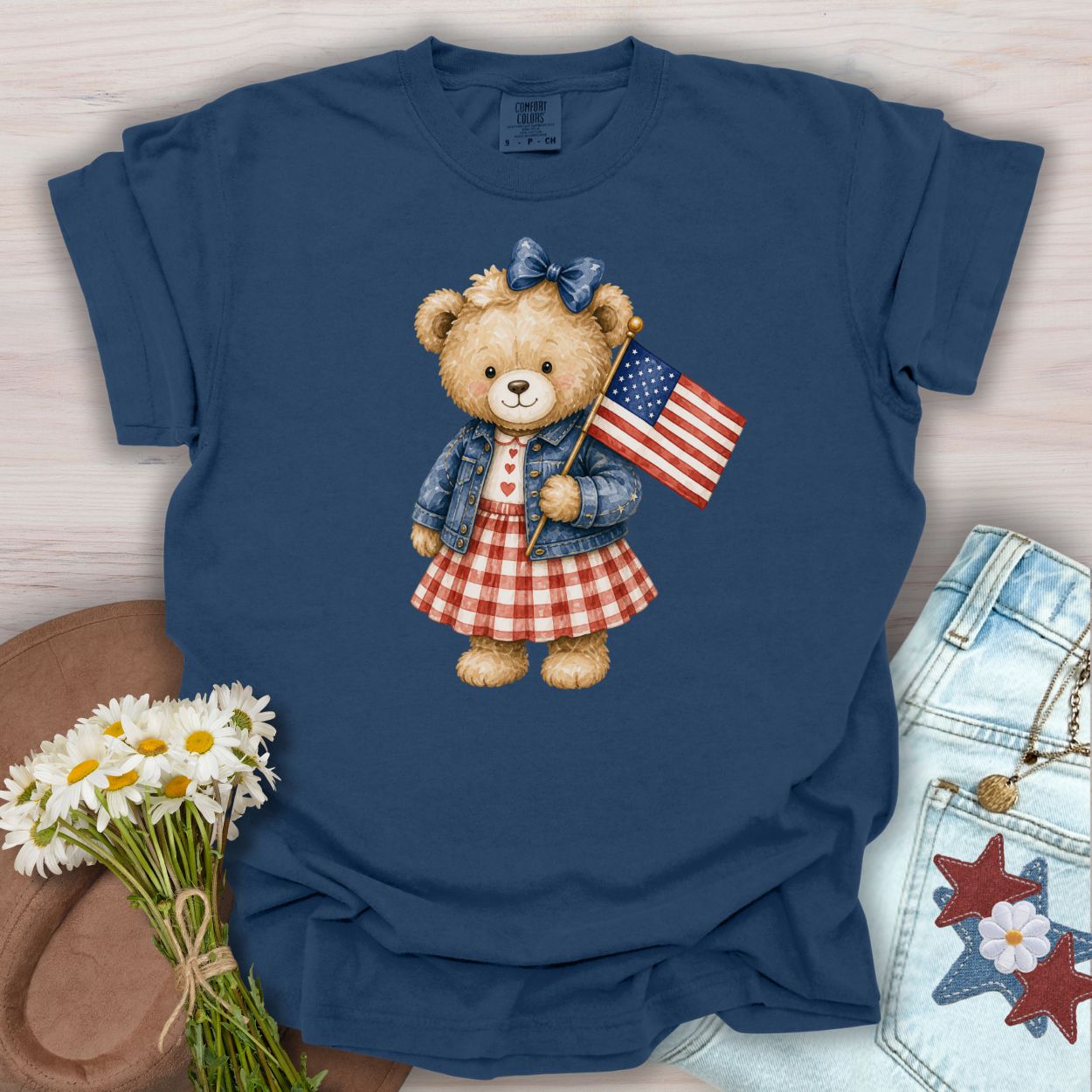 Patriotic Teddy Bear Girl with Gingham Dress T-Shirt