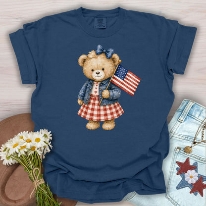 Patriotic Teddy Bear Girl with Gingham Dress T-Shirt