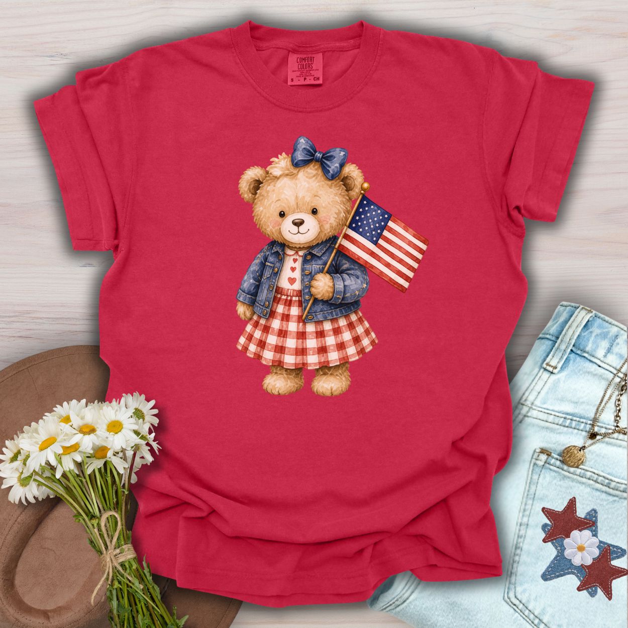 Patriotic Teddy Bear Girl with Gingham Dress T-Shirt