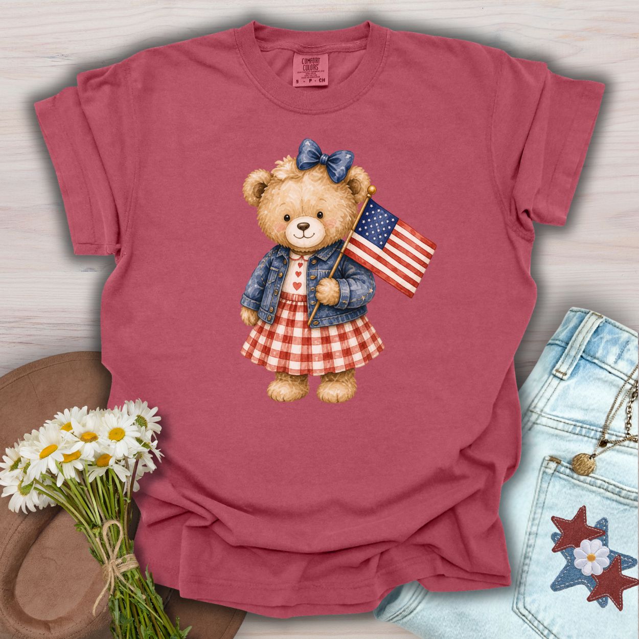 Patriotic Teddy Bear Girl with Gingham Dress T-Shirt