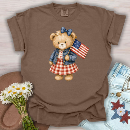 Patriotic Teddy Bear Girl with Gingham Dress T-Shirt