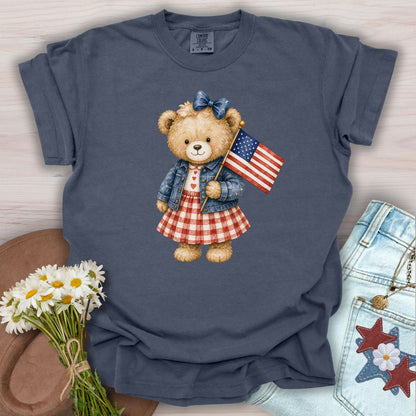 Patriotic Teddy Bear Girl with Gingham Dress T-Shirt