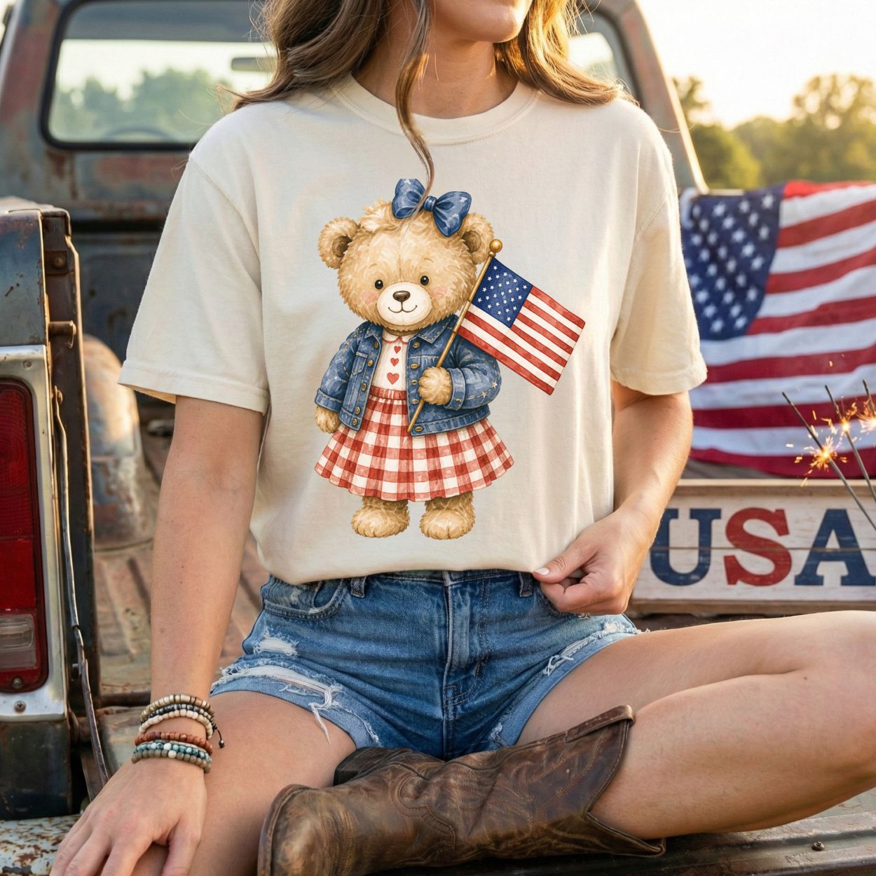 Patriotic Teddy Bear Girl with Gingham Dress T-Shirt