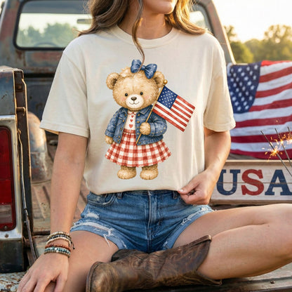 Patriotic Teddy Bear Girl with Gingham Dress T-Shirt