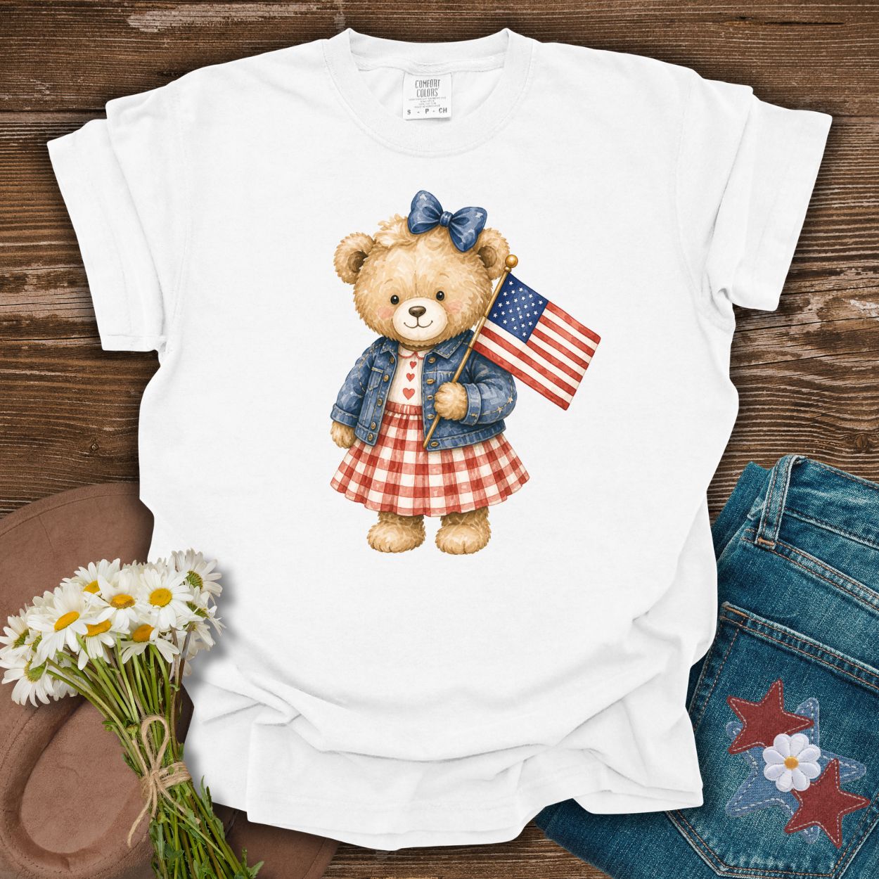 Patriotic Teddy Bear Girl with Gingham Dress T-Shirt