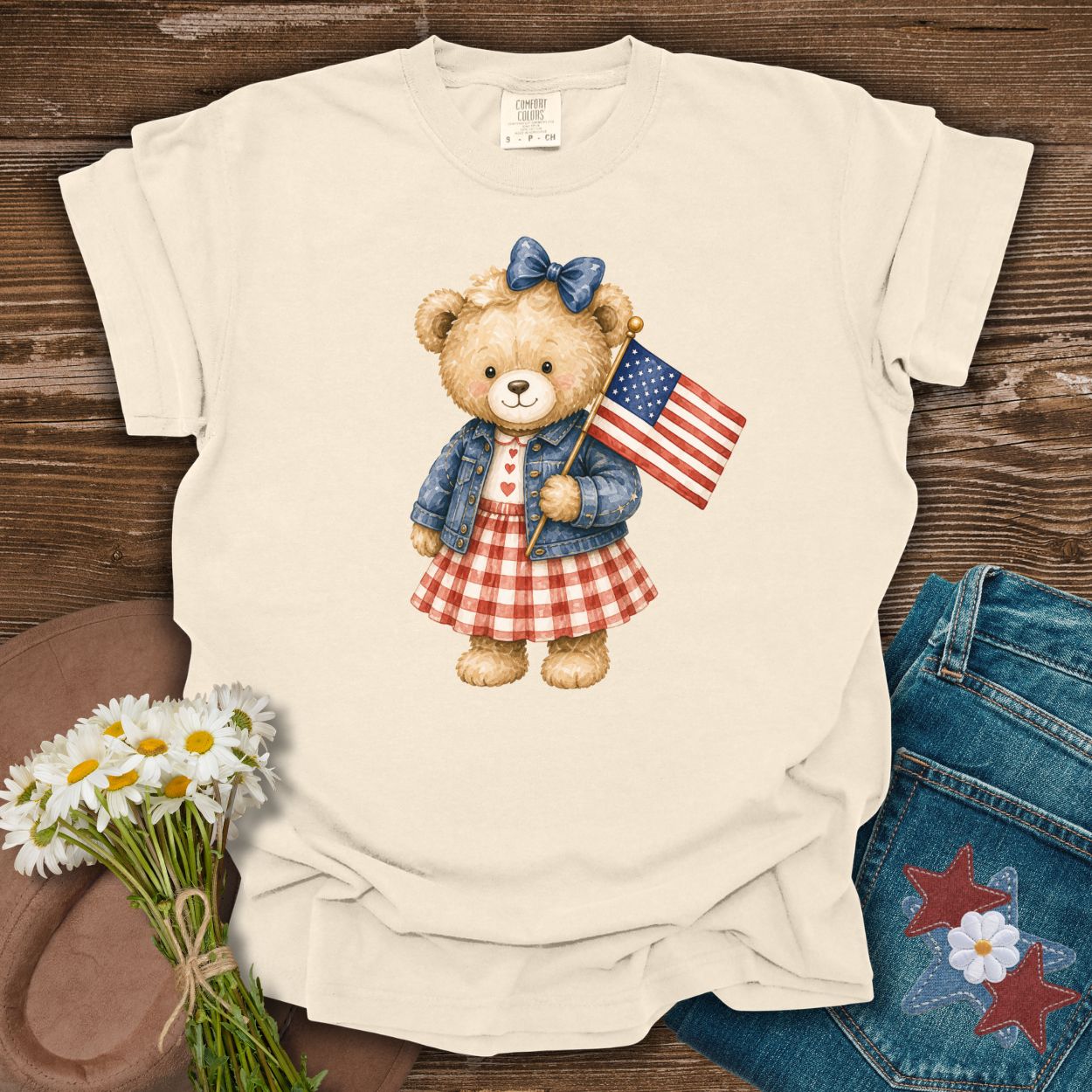 Patriotic Teddy Bear Girl with Gingham Dress T-Shirt