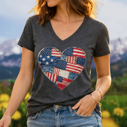 Patriotic Faux Patchwork Heart V-Neck T-Shirt