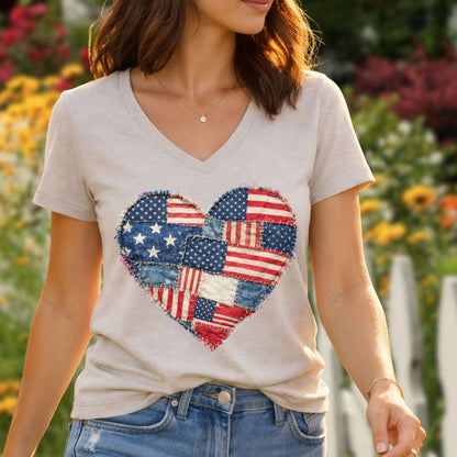 Patriotic Faux Patchwork Heart V-Neck T-Shirt
