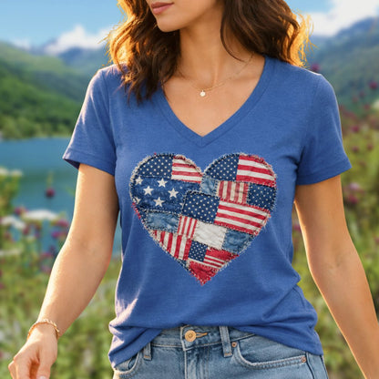 Patriotic Faux Patchwork Heart V-Neck T-Shirt