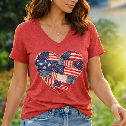 Patriotic Faux Patchwork Heart V-Neck T-Shirt