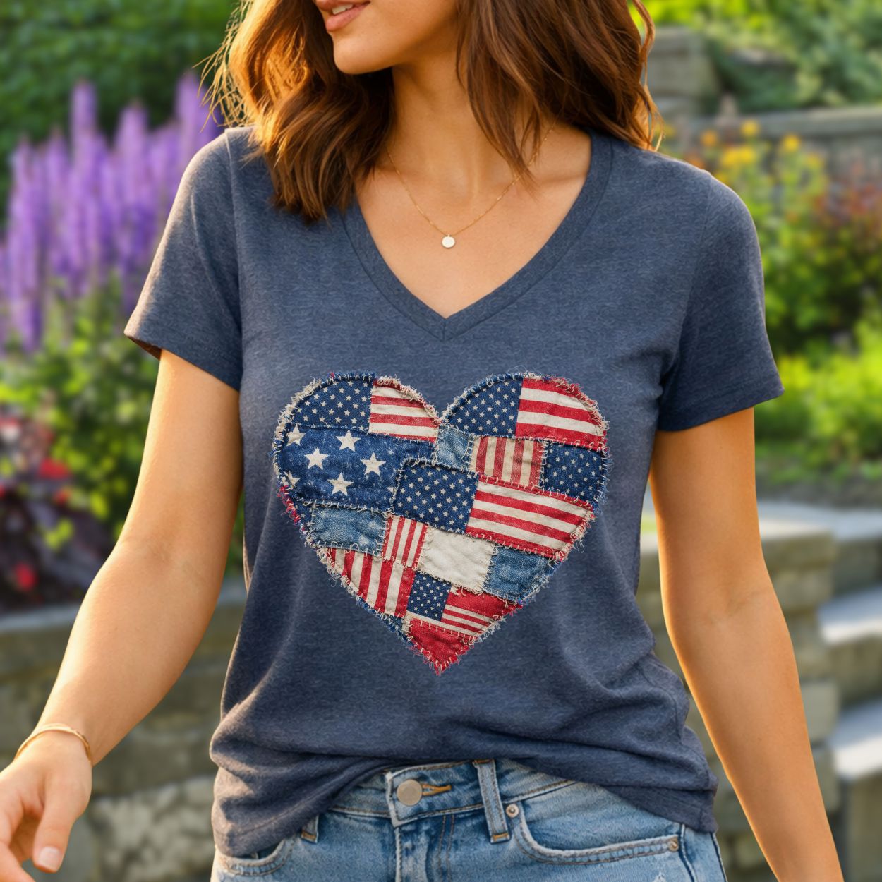 Patriotic Faux Patchwork Heart V-Neck T-Shirt