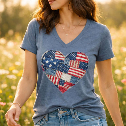 Patriotic Faux Patchwork Heart V-Neck T-Shirt
