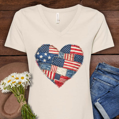 Patriotic Faux Patchwork Heart V-Neck T-Shirt