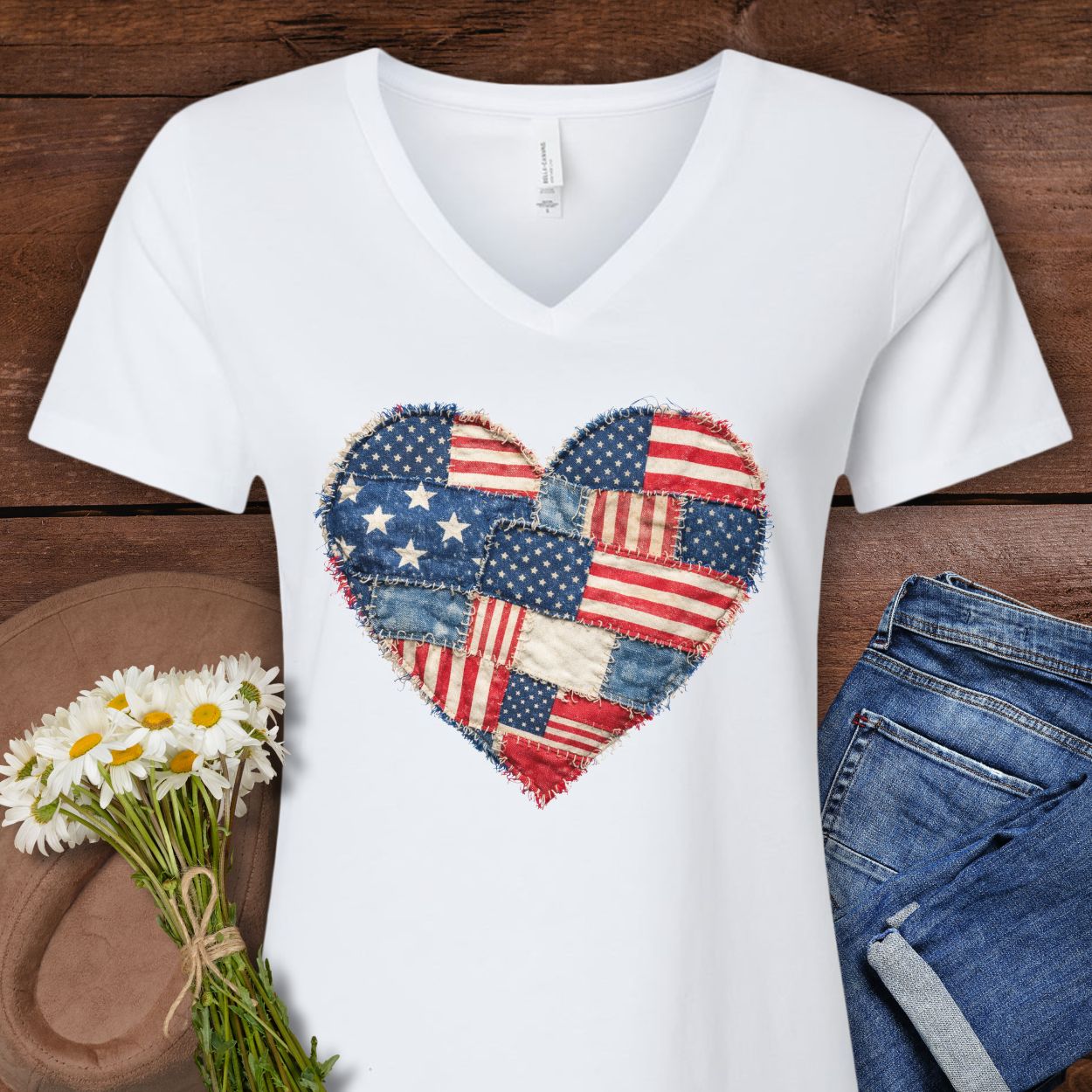 Patriotic Faux Patchwork Heart V-Neck T-Shirt