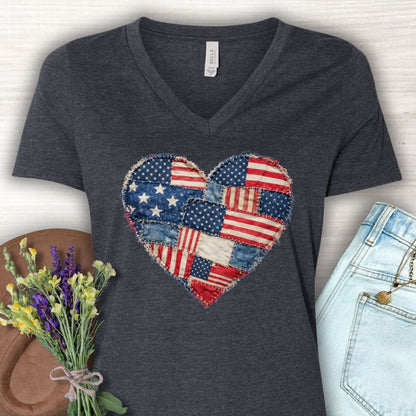 Patriotic Faux Patchwork Heart V-Neck T-Shirt