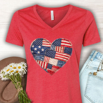 Patriotic Faux Patchwork Heart V-Neck T-Shirt