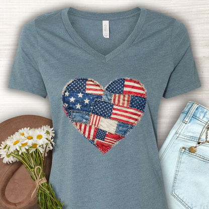 Patriotic Faux Patchwork Heart V-Neck T-Shirt