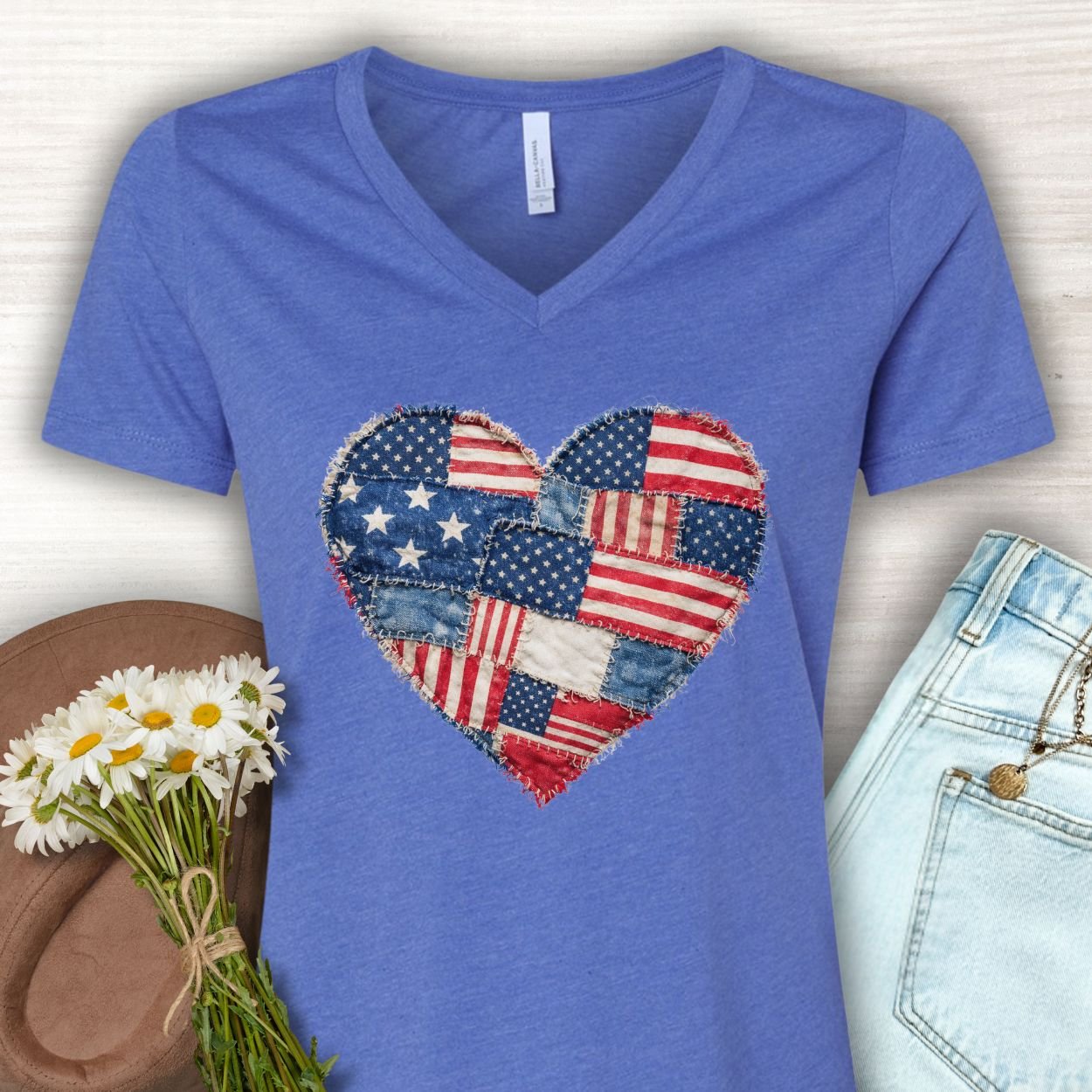 Patriotic Faux Patchwork Heart V-Neck T-Shirt