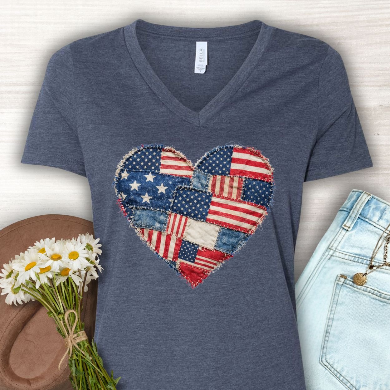 Patriotic Faux Patchwork Heart V-Neck T-Shirt