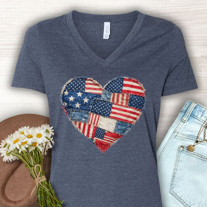 Patriotic Faux Patchwork Heart V-Neck T-Shirt