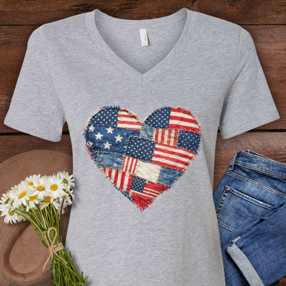Patriotic Faux Patchwork Heart V-Neck T-Shirt