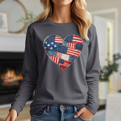 Patriotic USA Faux Patchwork Heart Flag Long Sleeve T-Shirt