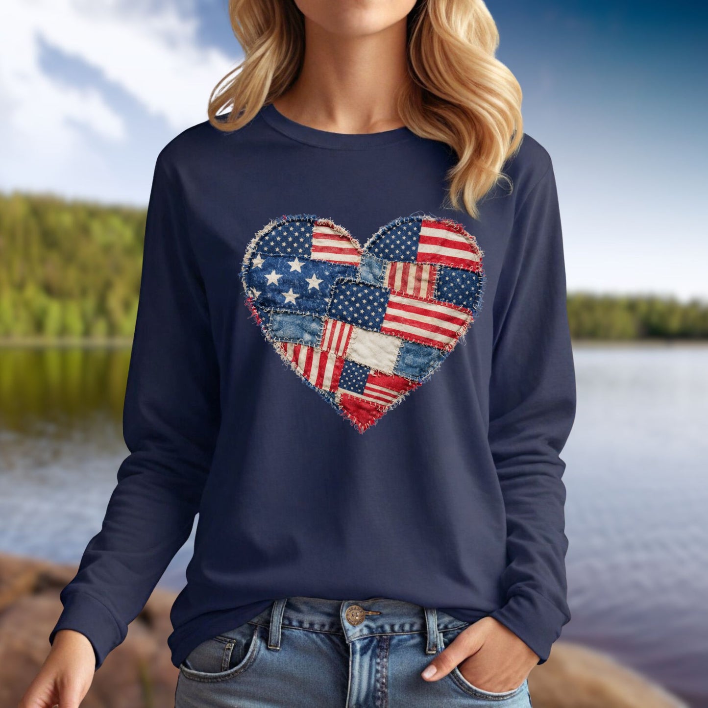 Patriotic USA Faux Patchwork Heart Flag Long Sleeve T-Shirt