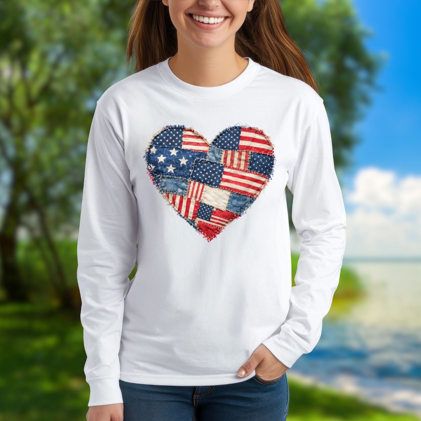 Patriotic USA Faux Patchwork Heart Flag Long Sleeve T-Shirt
