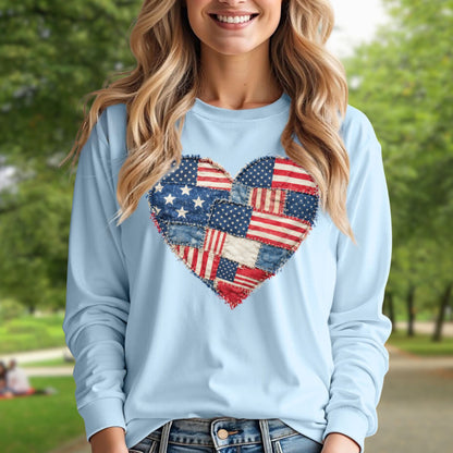 Patriotic USA Faux Patchwork Heart Flag Long Sleeve T-Shirt