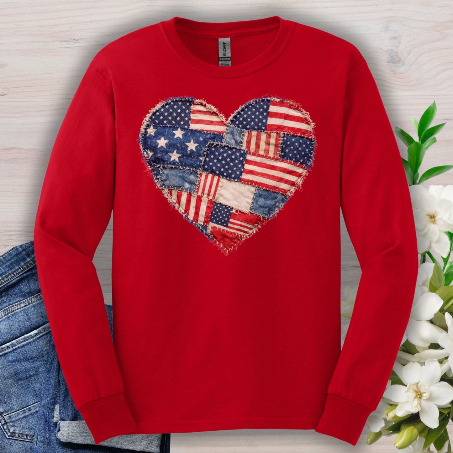 Patriotic USA Faux Patchwork Heart Flag Long Sleeve T-Shirt