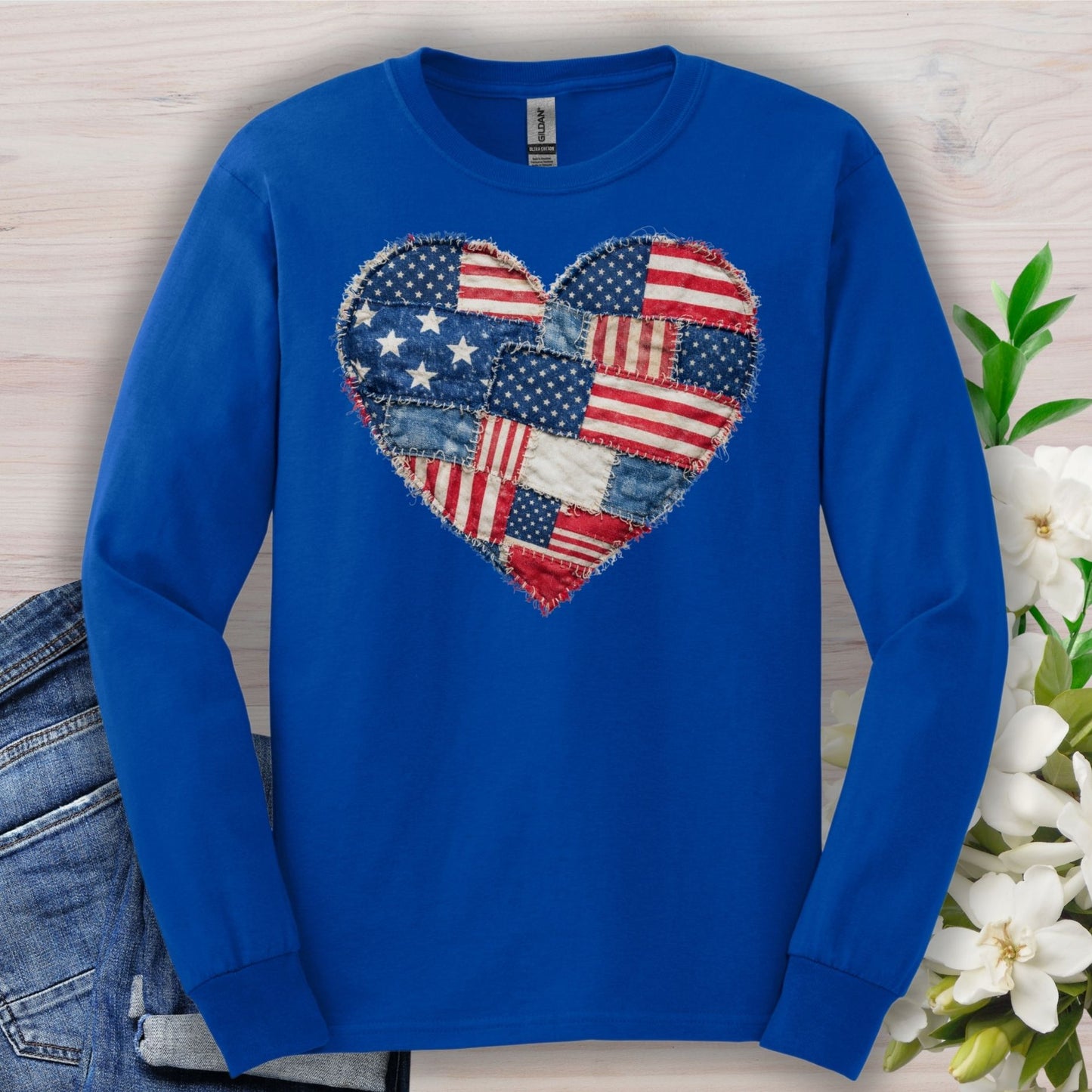 Patriotic USA Faux Patchwork Heart Flag Long Sleeve T-Shirt