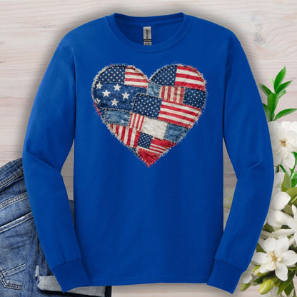 Patriotic USA Faux Patchwork Heart Flag Long Sleeve T-Shirt