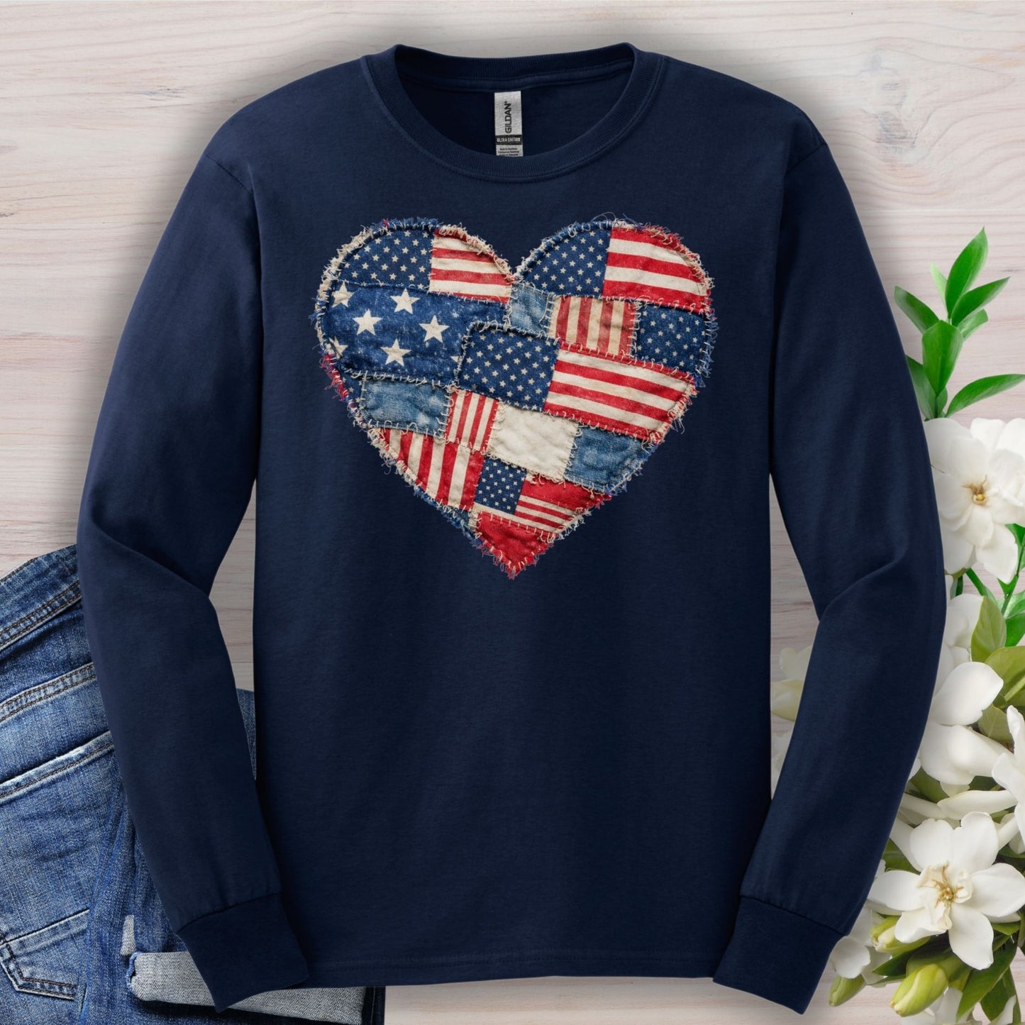 Patriotic USA Faux Patchwork Heart Flag Long Sleeve T-Shirt