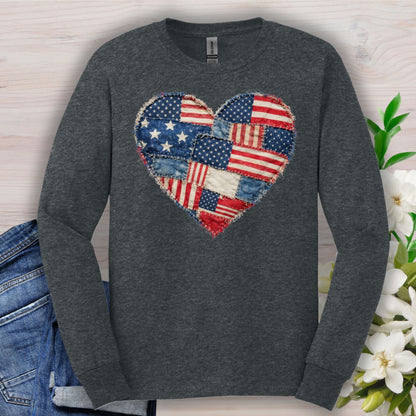 Patriotic USA Faux Patchwork Heart Flag Long Sleeve T-Shirt