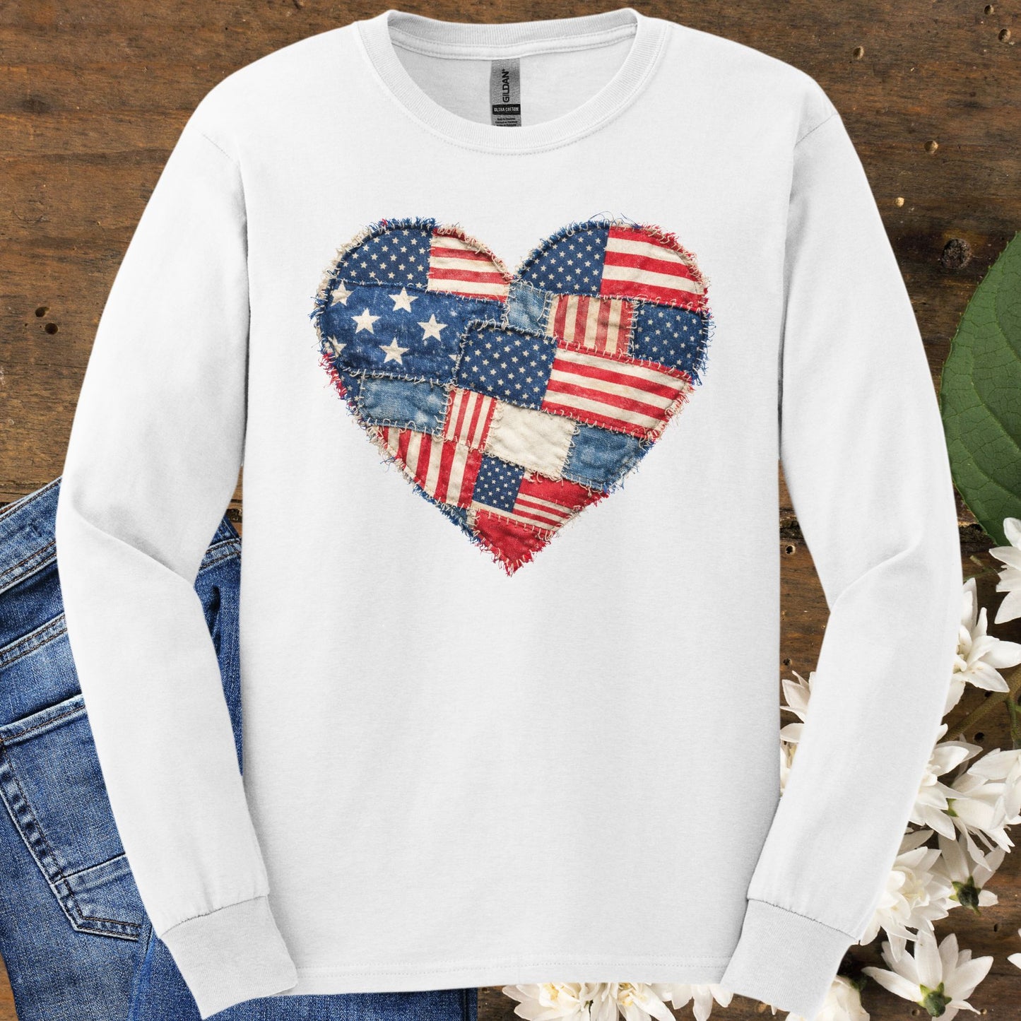 Patriotic USA Faux Patchwork Heart Flag Long Sleeve T-Shirt