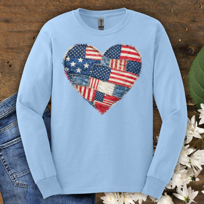 Patriotic USA Faux Patchwork Heart Flag Long Sleeve T-Shirt