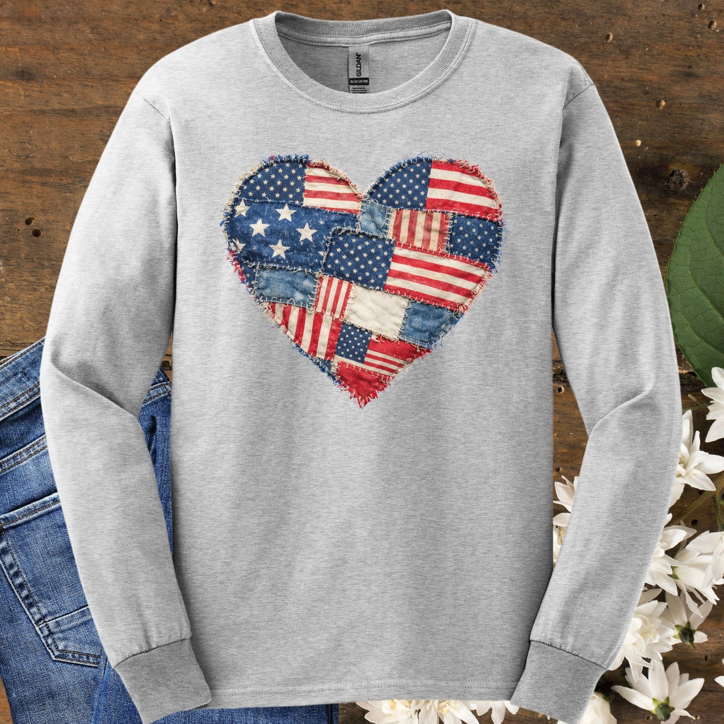 Patriotic USA Faux Patchwork Heart Flag Long Sleeve T-Shirt
