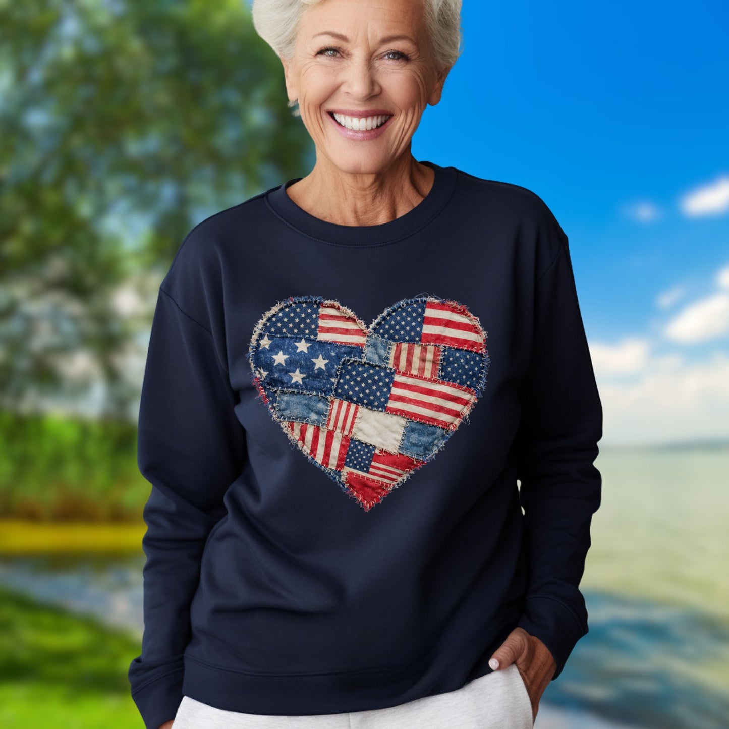 Patriotic Faux Patchwork Flag Heart Sweatshirt