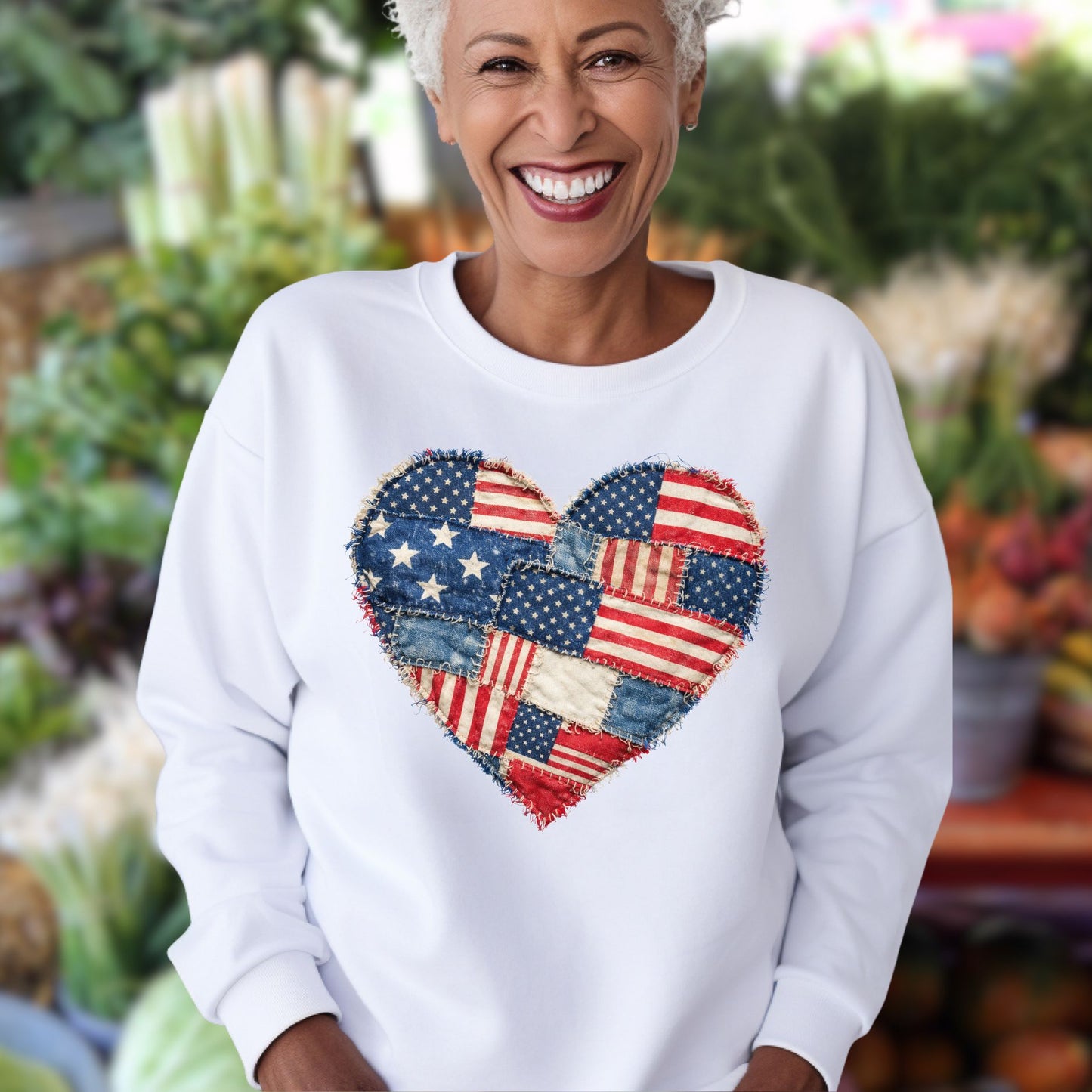 Patriotic Faux Patchwork Flag Heart Sweatshirt