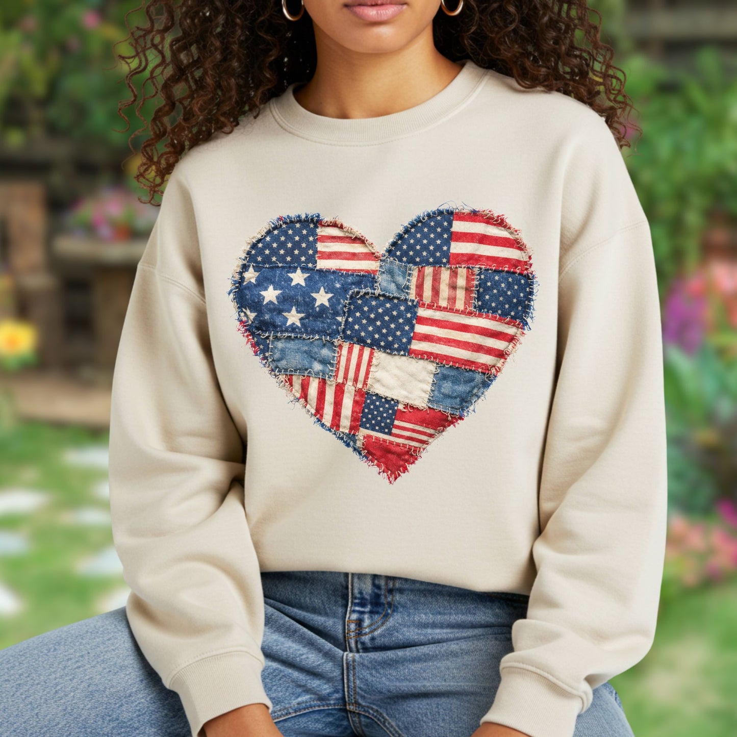 Patriotic Faux Patchwork Flag Heart Sweatshirt