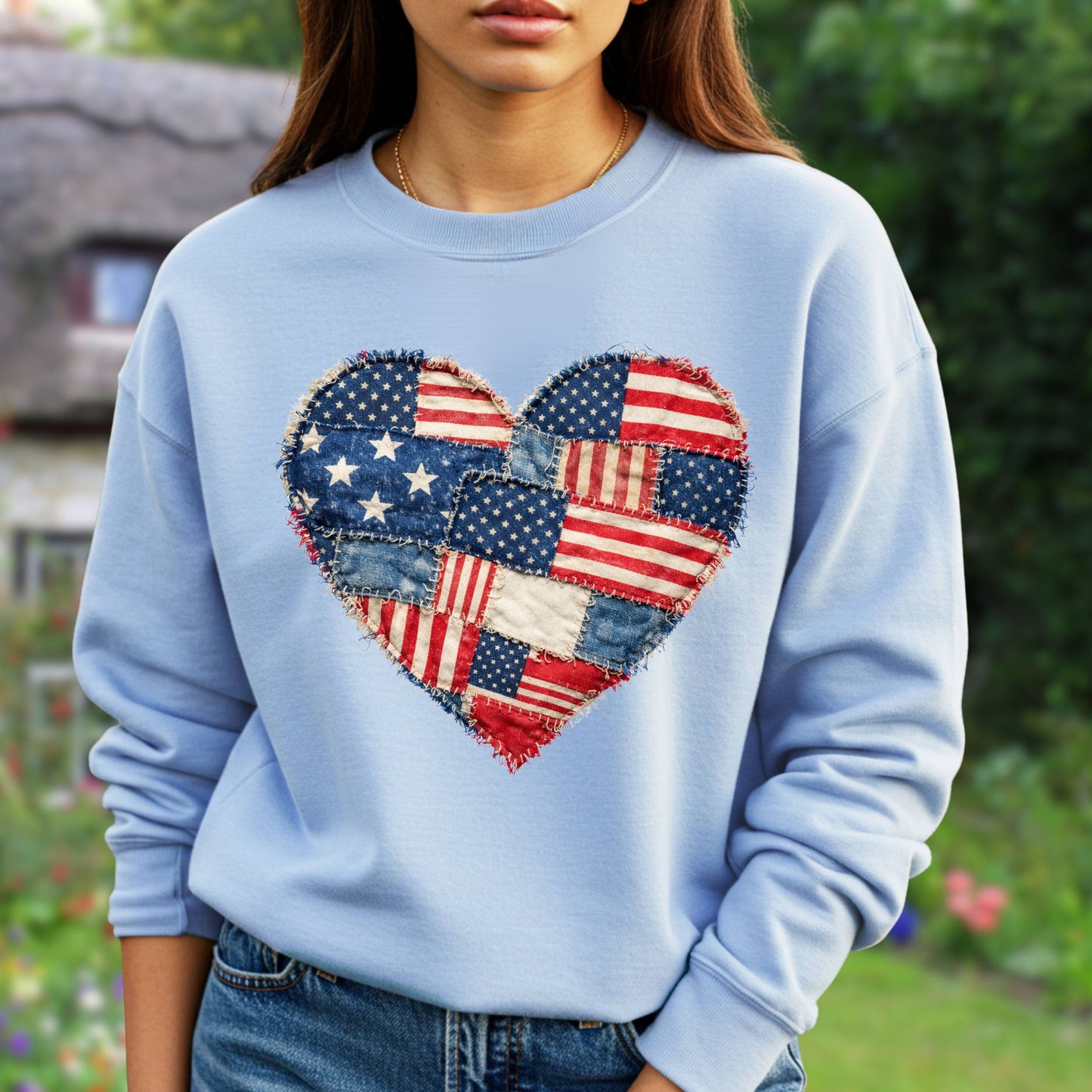 Patriotic Faux Patchwork Flag Heart Sweatshirt