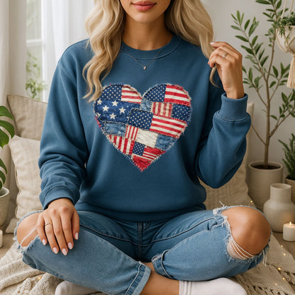 Patriotic Faux Patchwork Flag Heart Sweatshirt
