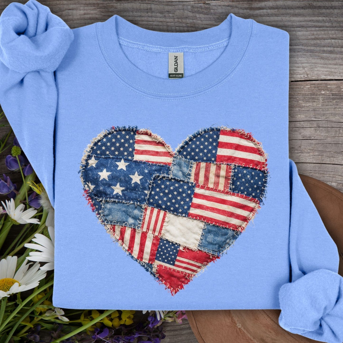 Patriotic Faux Patchwork Flag Heart Sweatshirt
