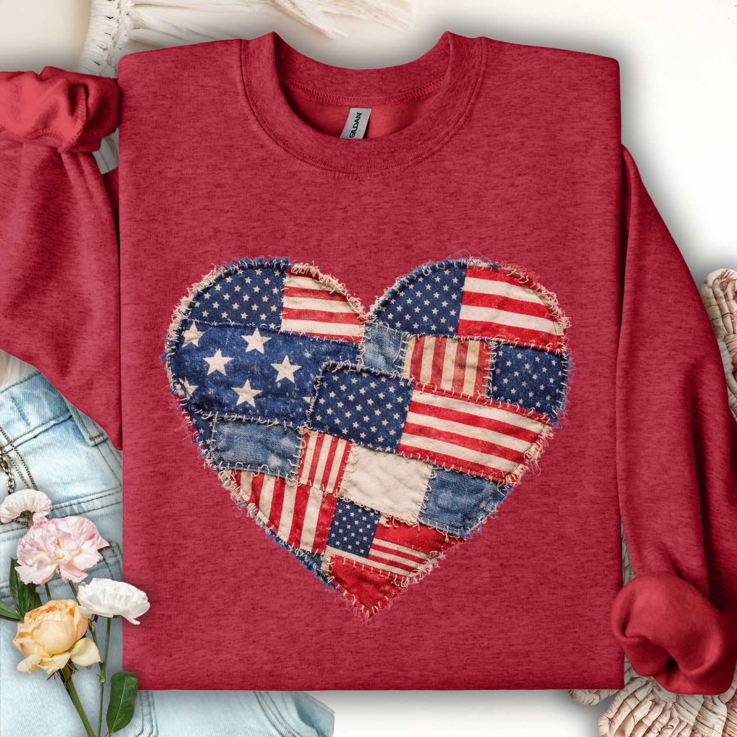 Patriotic Faux Patchwork Flag Heart Sweatshirt