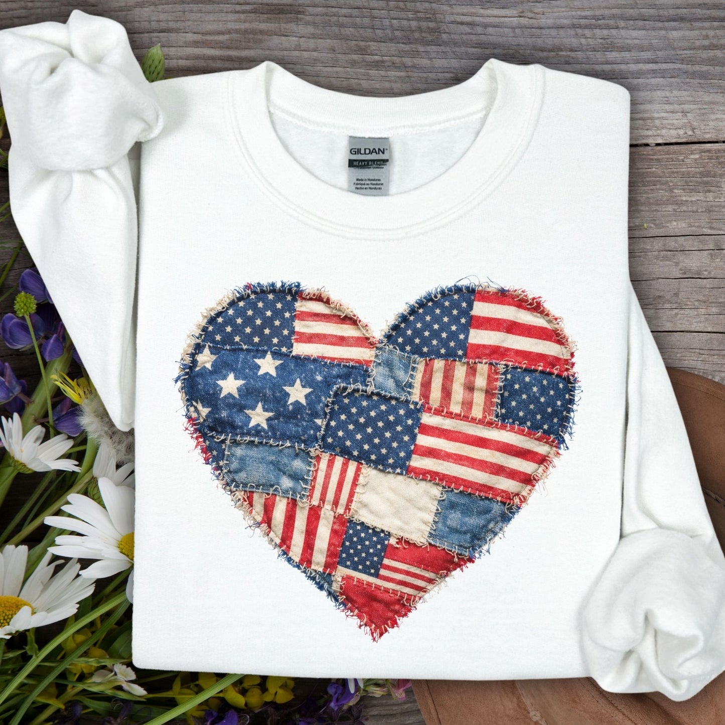 Patriotic Faux Patchwork Flag Heart Sweatshirt