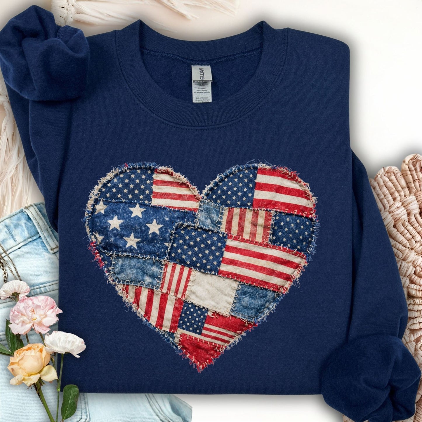 Patriotic Faux Patchwork Flag Heart Sweatshirt