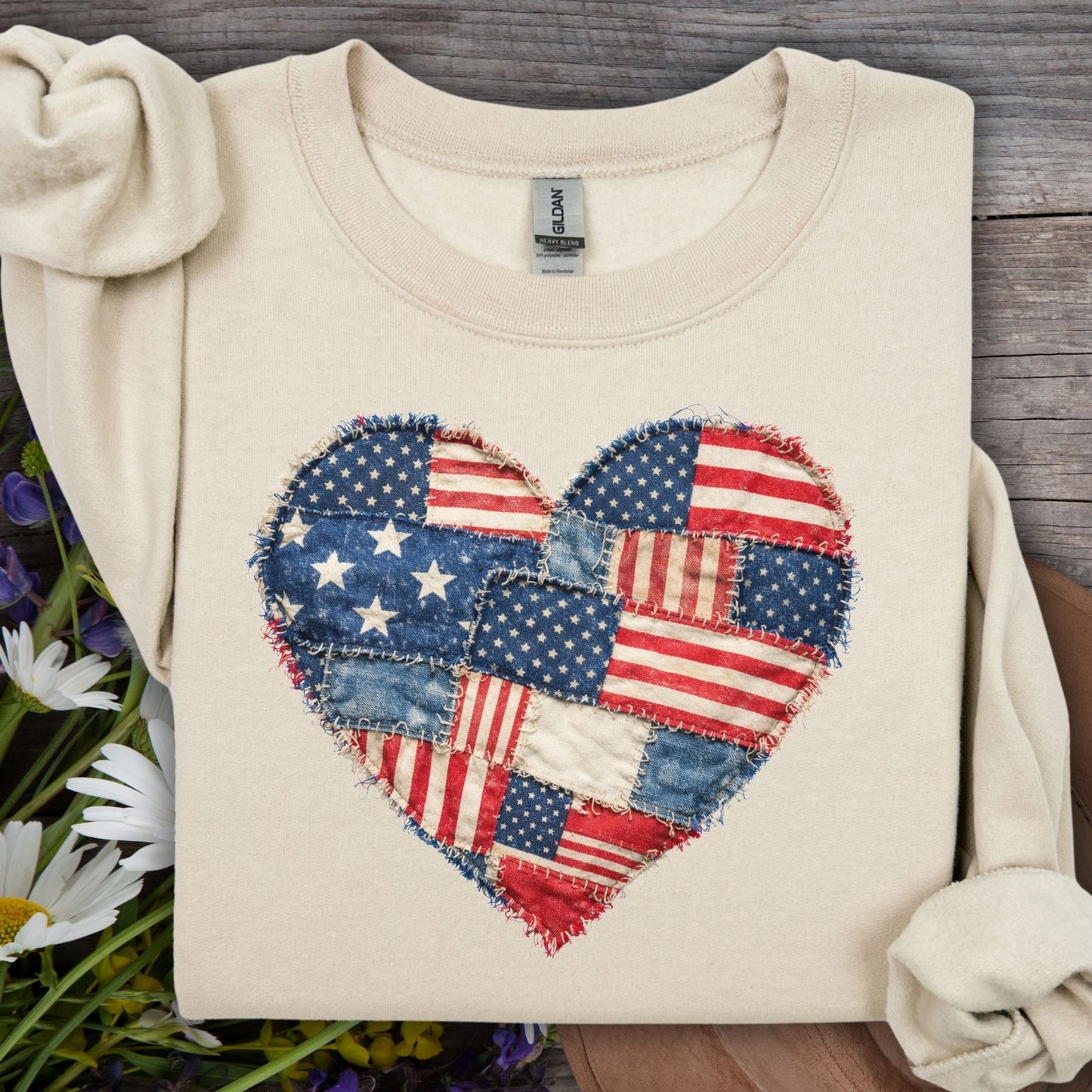 Patriotic Faux Patchwork Flag Heart Sweatshirt