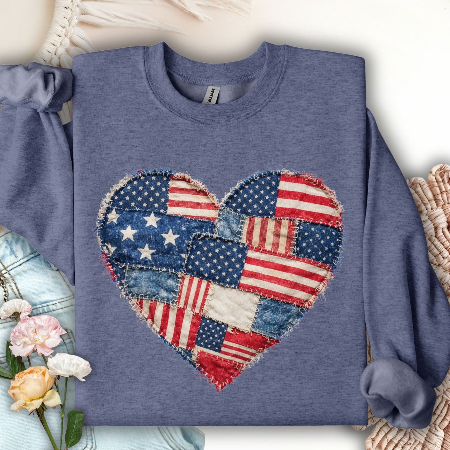 Patriotic Faux Patchwork Flag Heart Sweatshirt